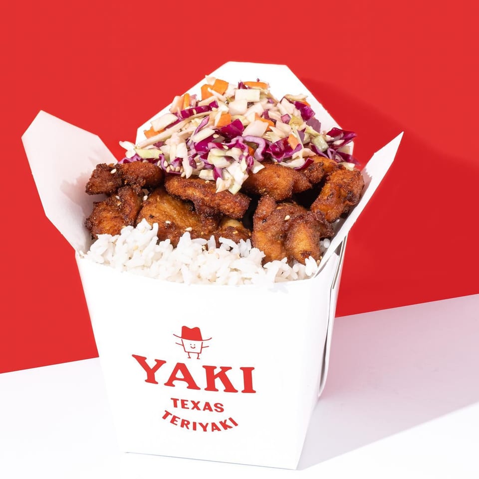 Yaki Texas Teriyaki box filled with fried chicken, white rice, and colorful coleslaw.