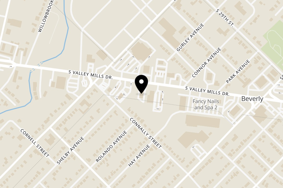 Map showing the location of Yaki Texas Teriyaki on 1307 S Valley Mills Dr in Waco